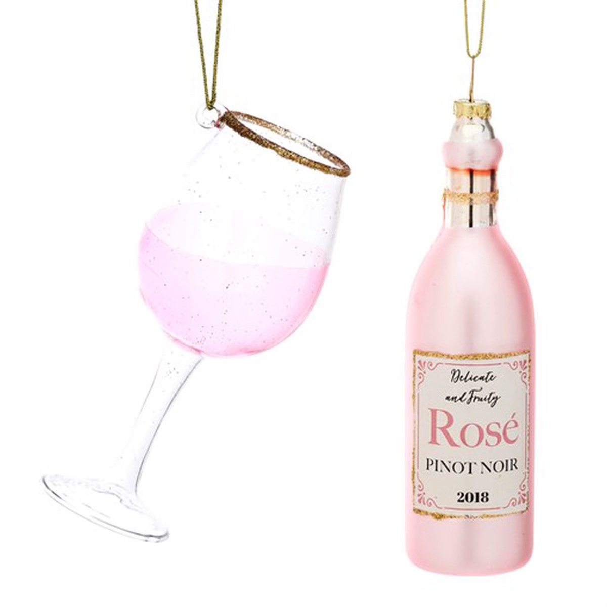 Christmas Cheer Rose Wine Bottle And Glass Shaped Bauble - Set Of 2